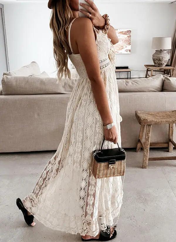 Vestido Longo Feminino de Renda com Alça Espaguete
