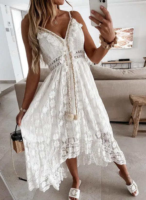 Vestido Longo Feminino de Renda com Alça Espaguete