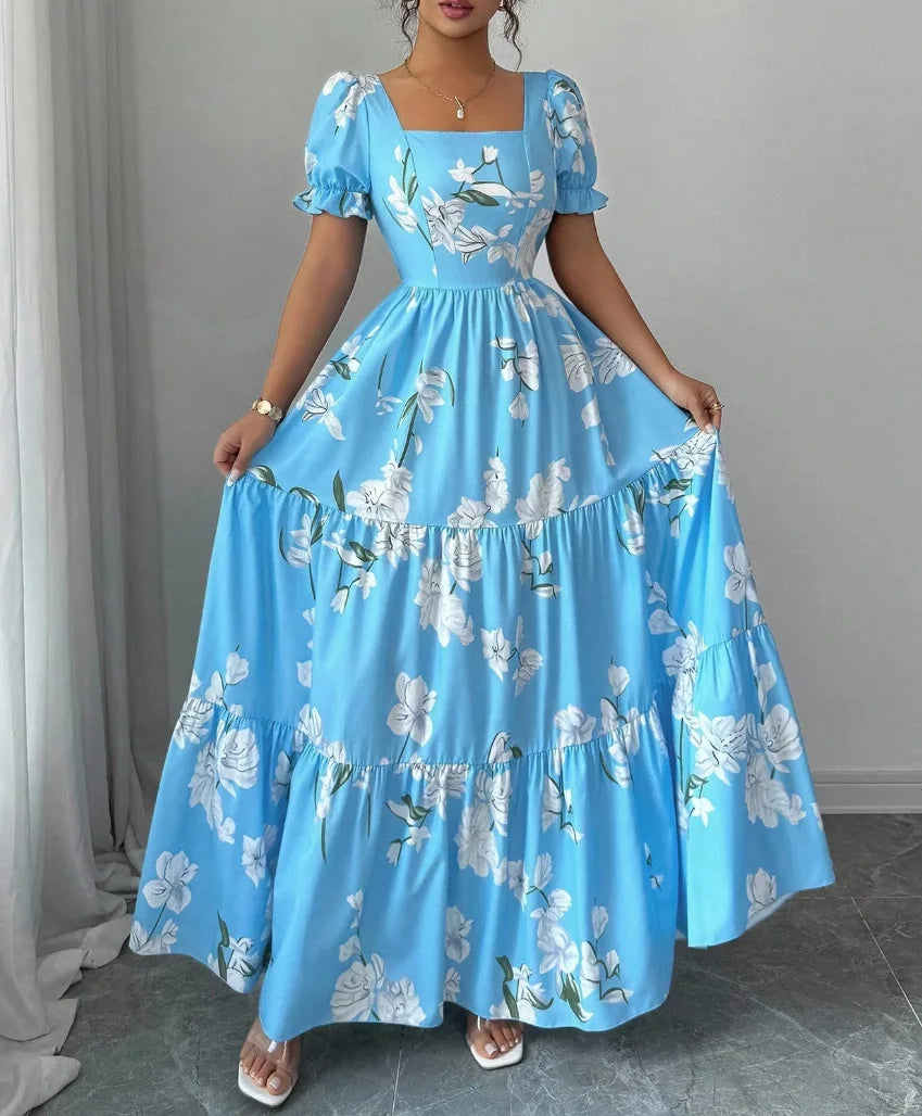 Vestido Maxi Floral Com Decote Quadrado