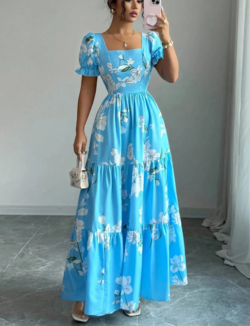 Vestido Maxi Floral Com Decote Quadrado
