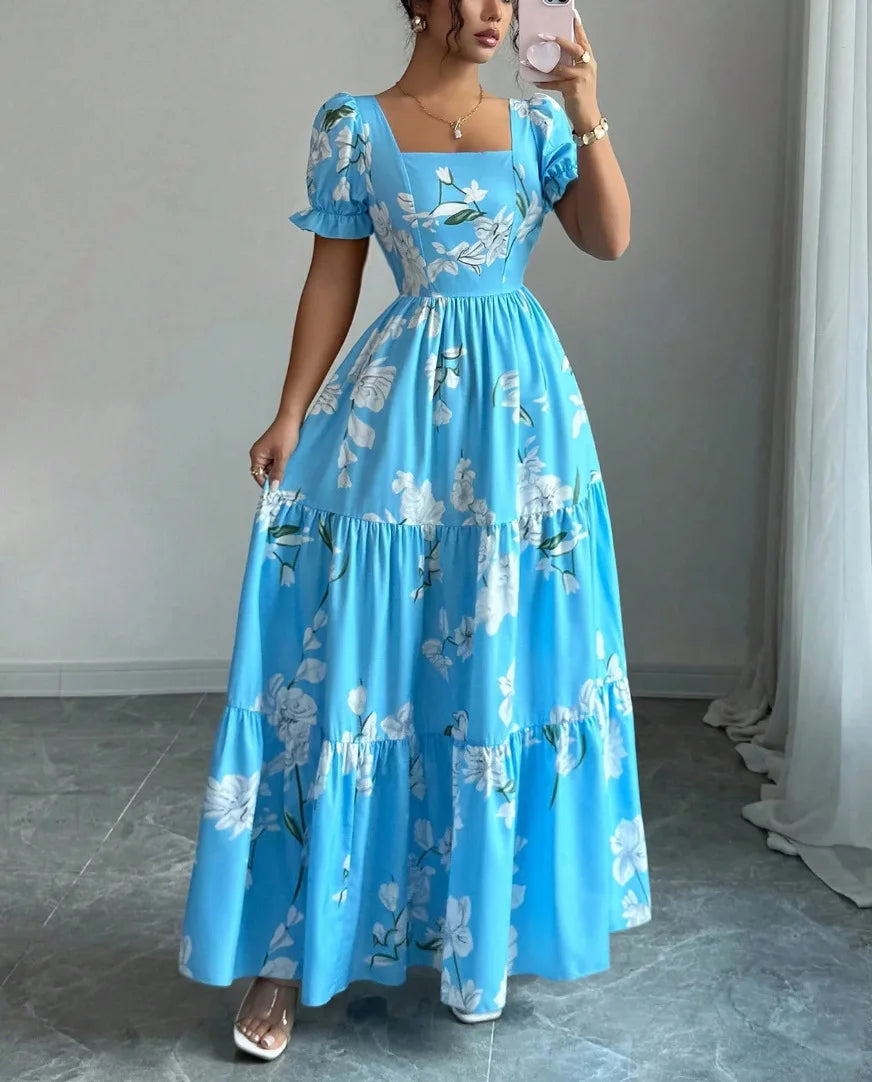 Vestido Maxi Floral Com Decote Quadrado