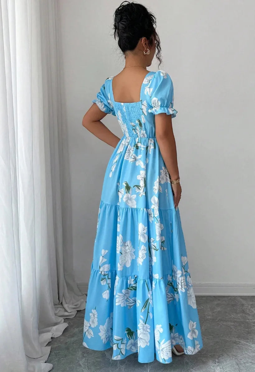 Vestido Maxi Floral Com Decote Quadrado
