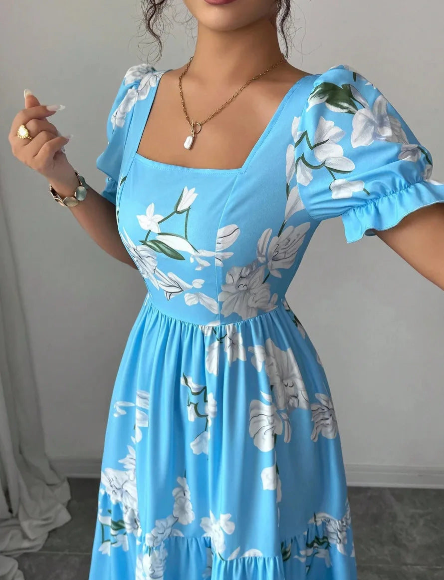 Vestido Maxi Floral Com Decote Quadrado