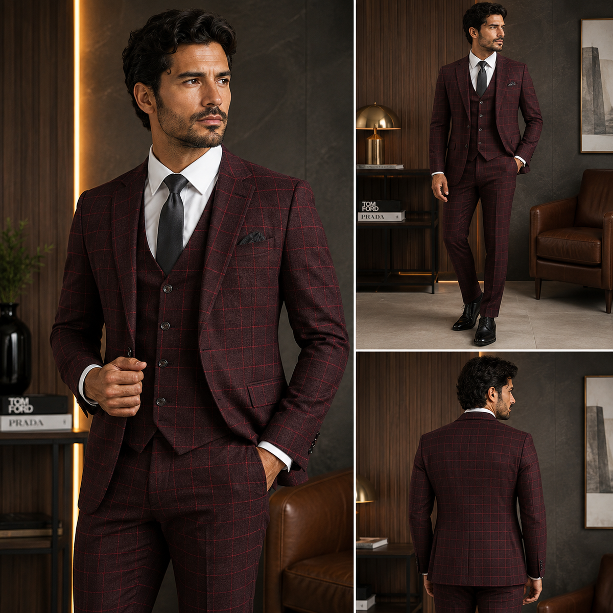 Terno Masculino Xadrez Slim 3 Peças Blazer Colete e Calça