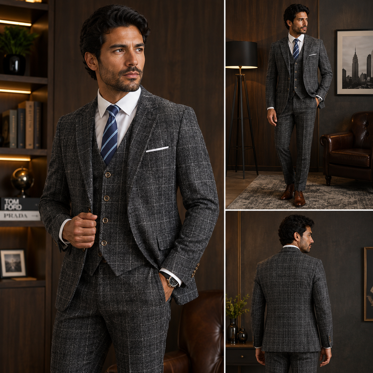 Terno Masculino Xadrez 3 Peças Estilo Britânico
