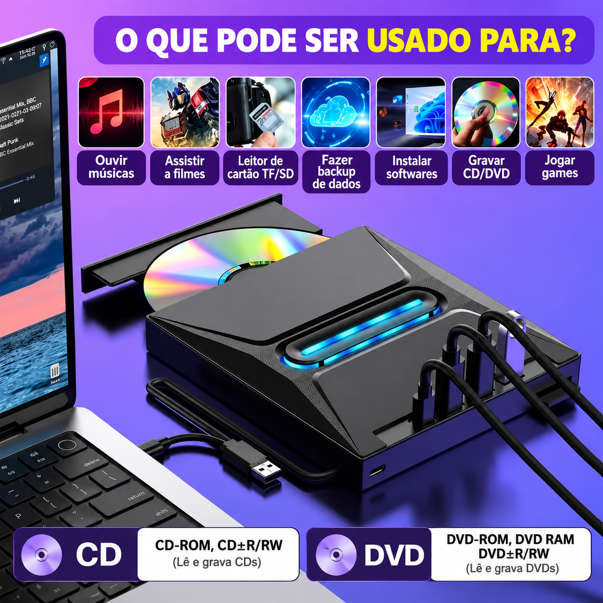 Leitor Externo de CD e DVD Archivora