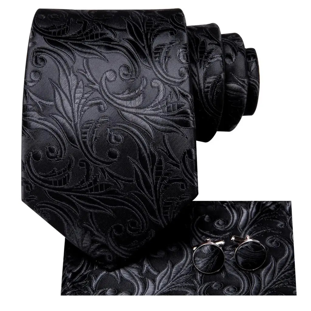 Gravata Masculina de Luxo Preto Floral com Acessórios