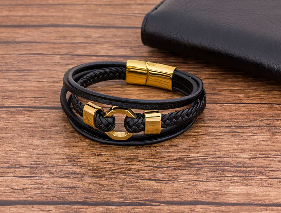 Pulseira Masculina de Couro com Fecho Magnético