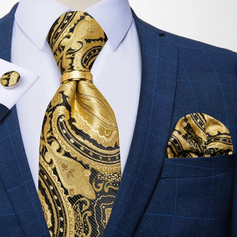 Gravata Masculina de Luxo com Lenço de Bolso, Abotoaduras e Anel