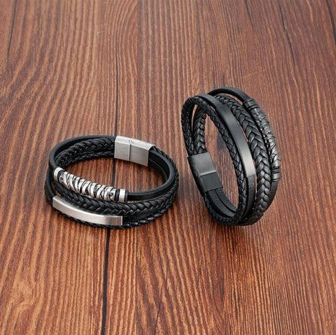 Pulseira Masculina de Couro Multicamada de Tricô
