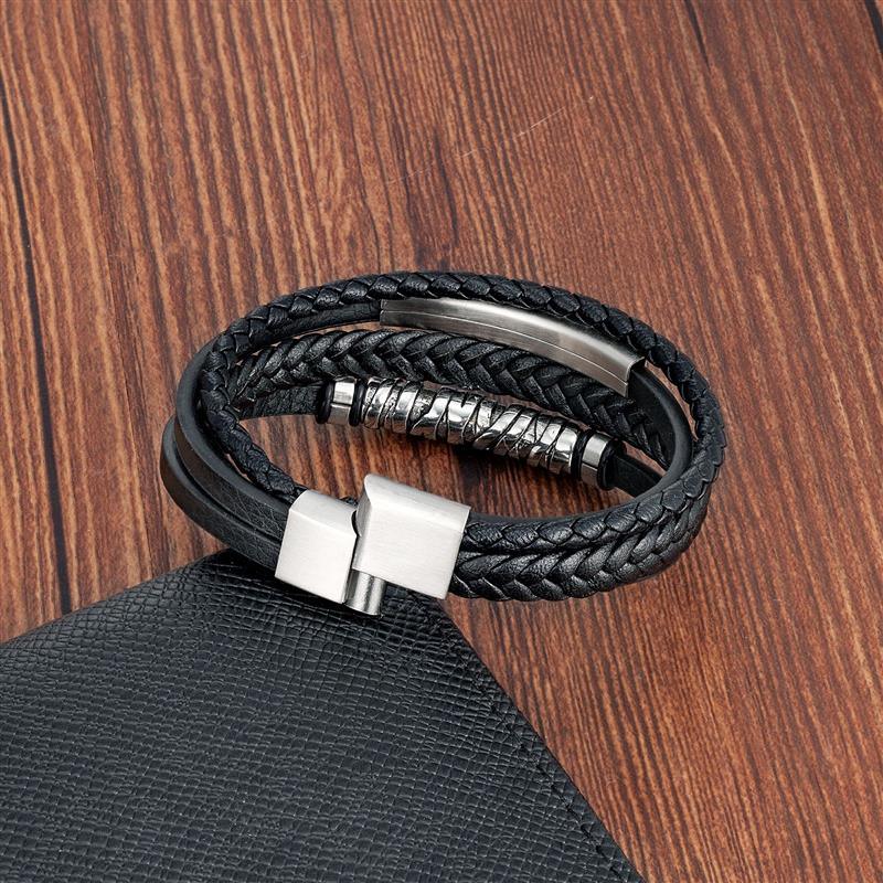 Pulseira Masculina de Couro Multicamada de Tricô