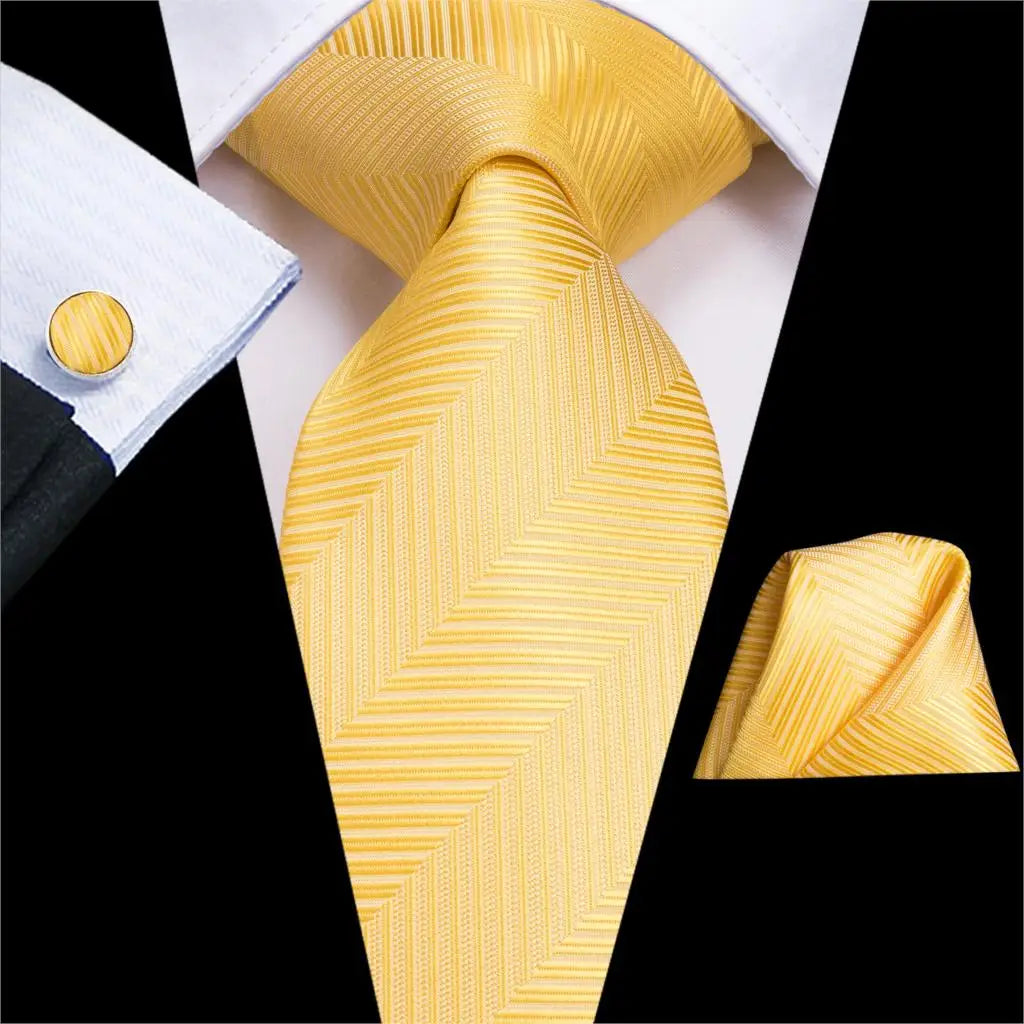 Gravata Masculina de Luxo Amarelo com Lenço e Abotoaduras