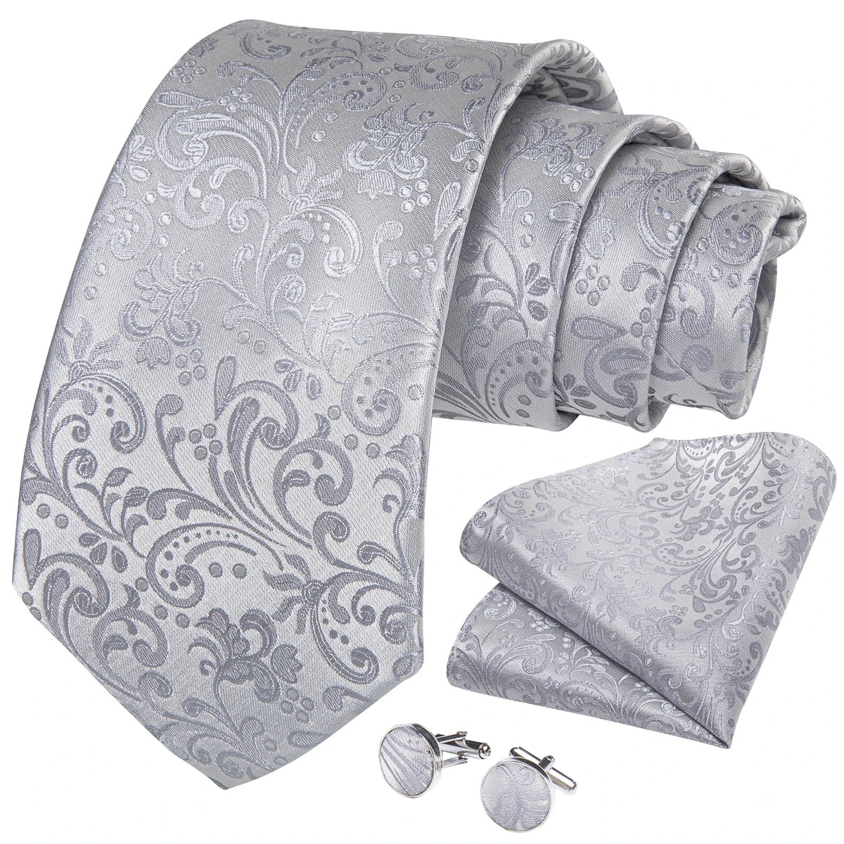 Gravata Masculina de Luxo Branco Floral 8 cm com Acessórios