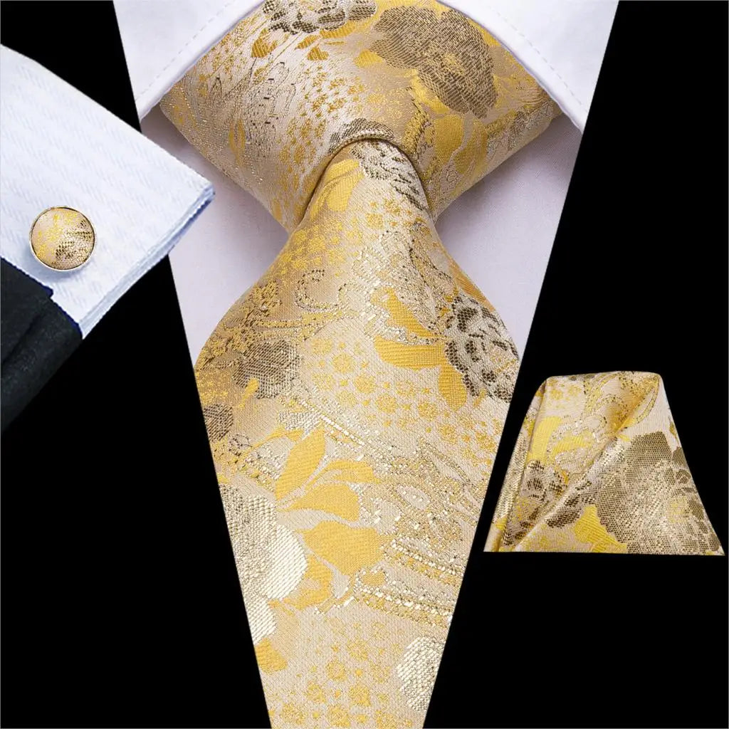 Gravata Masculina de Luxo Amarelo com Lenço e Abotoaduras