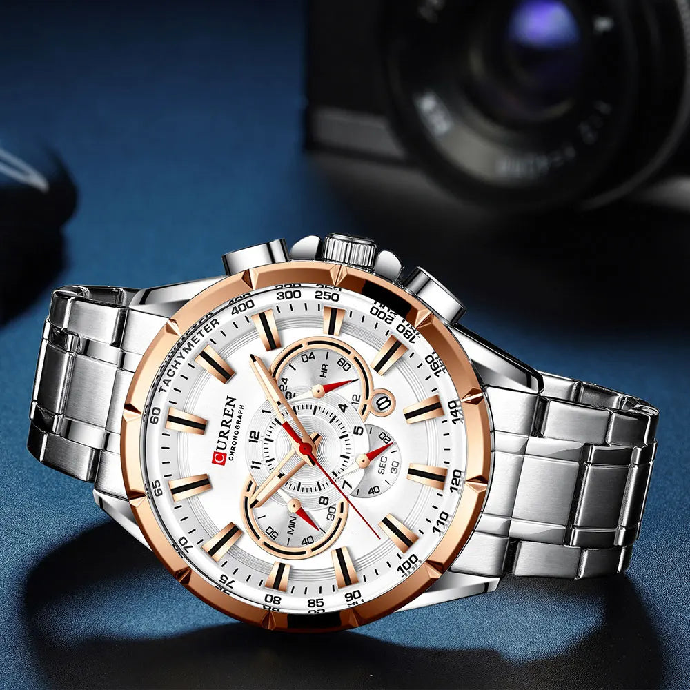 Relógio Masculino Clássico Cronógrafo com Pulseira de Aço