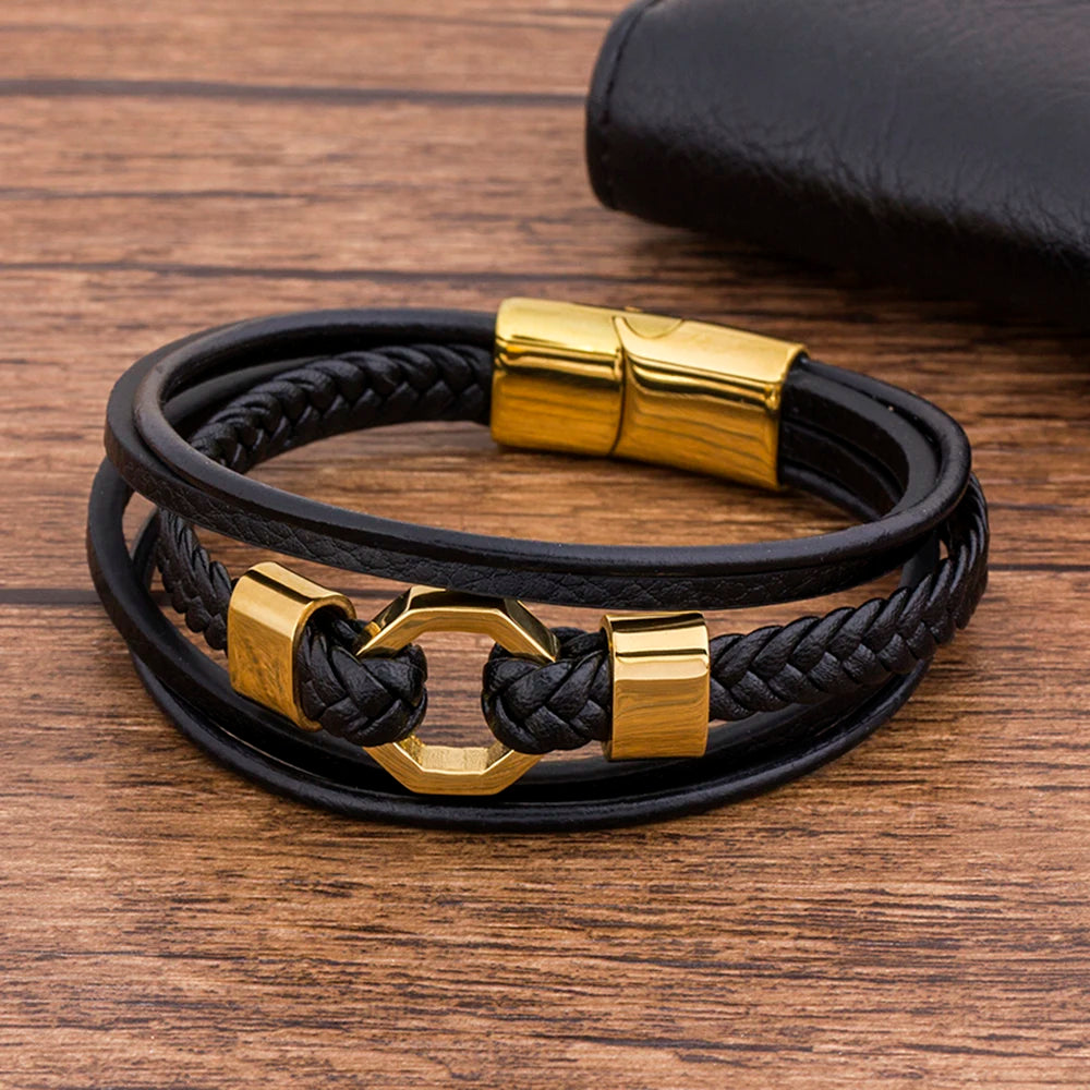 Pulseira Masculina de Couro com Fecho Magnético