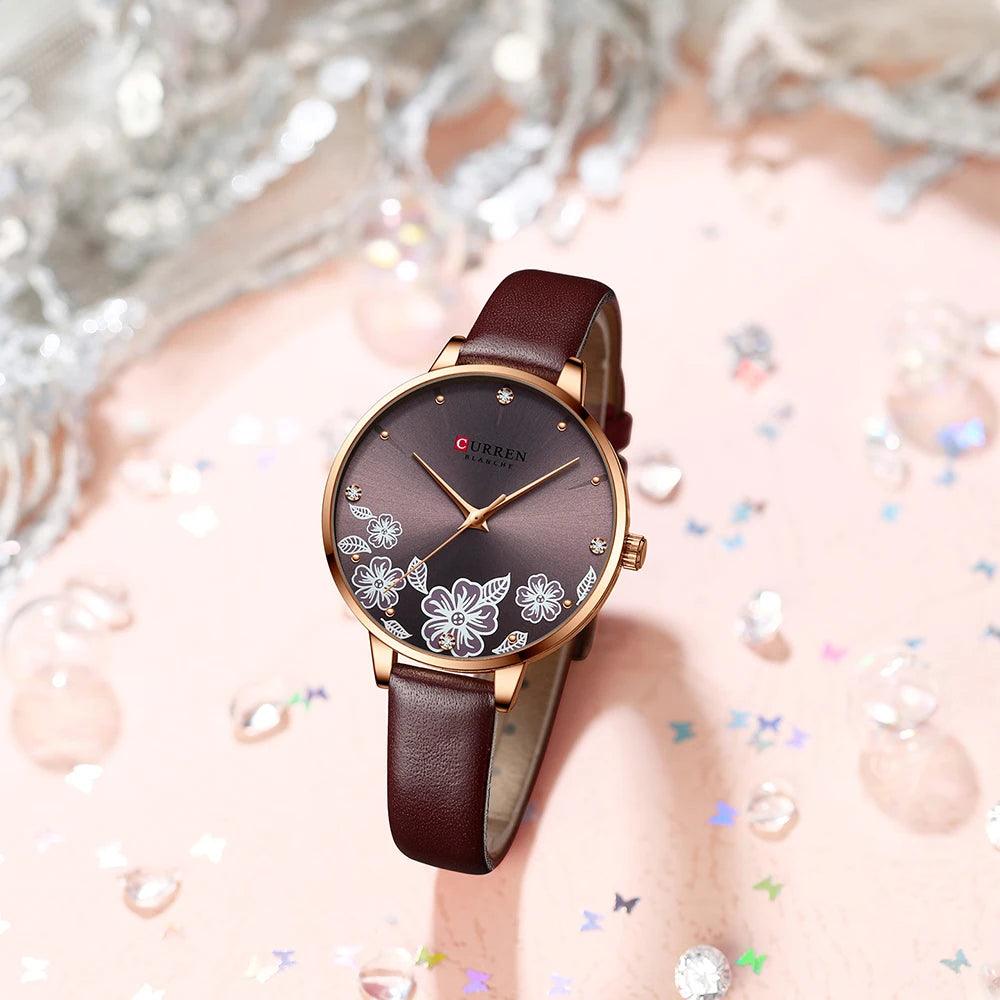 Curren relógios para a mulher moda à prova dwaterproof água relógio de topo marca luxo criativo romântico flor dial relógio pulso presente 9068