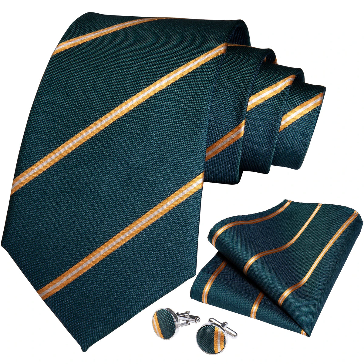 Gravata Masculina Poliéster Verde Listrado 8 cm com Acessórios by Loja Bruna Modas