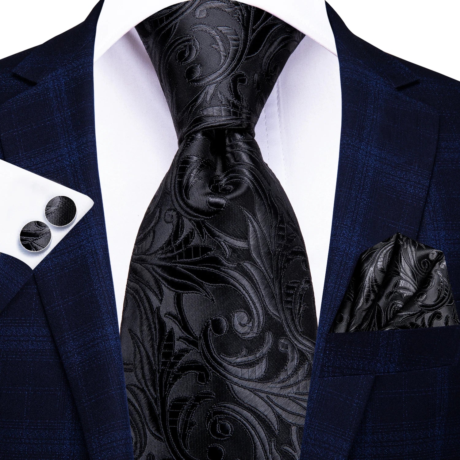 Kit Gravata Masculina Social Luxuosa de Seda com Lenço e Abotoaduras
