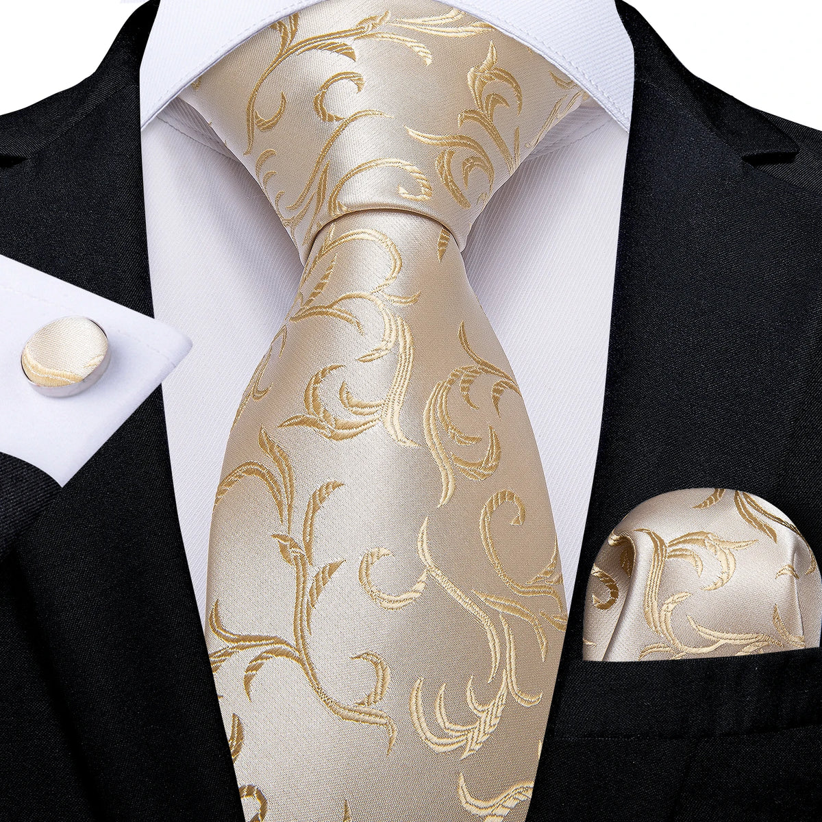 Gravata Masculina de Luxo Bege Floral com Acessórios by Loja Bruna Modas