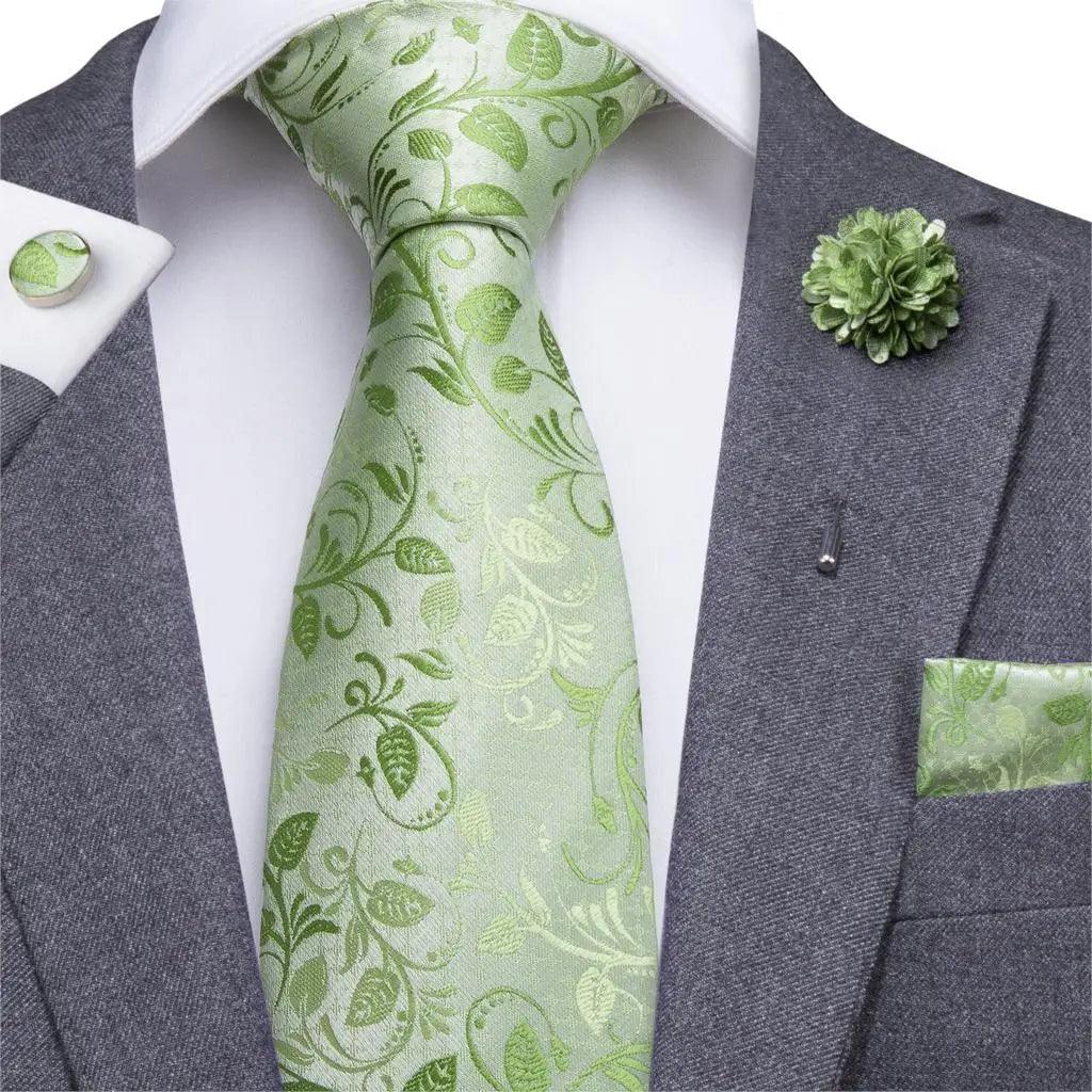 Conjunto de Gravata de Seda Floral Verde Hi-Tie Italiana