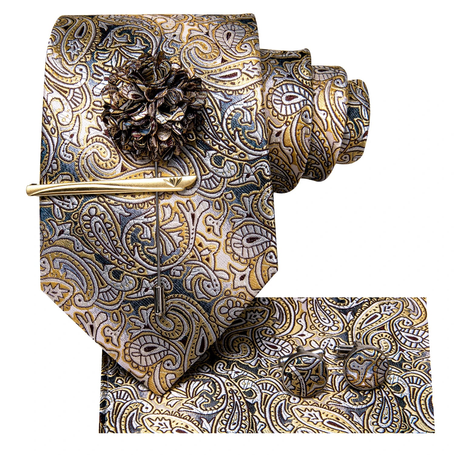 Conjunto de Gravata Masculina Listrado com Lenço, Broche e Prendedor