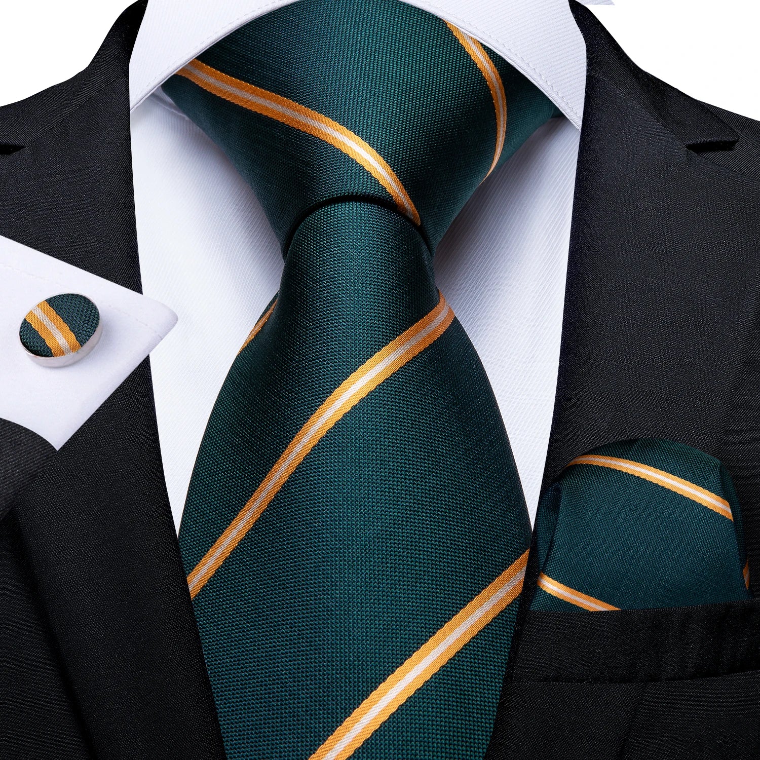 Gravata Masculina Poliéster Verde Listrado 8 cm com Acessórios