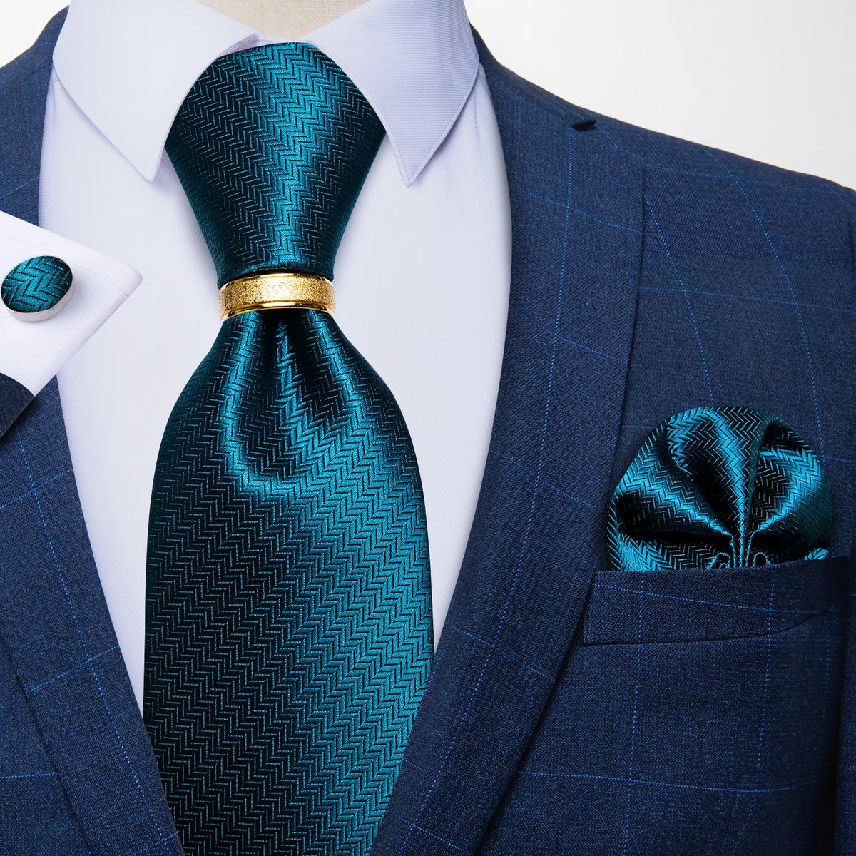 Gravata Masculina de Luxo com Lenço de Bolso, Abotoaduras e Anel