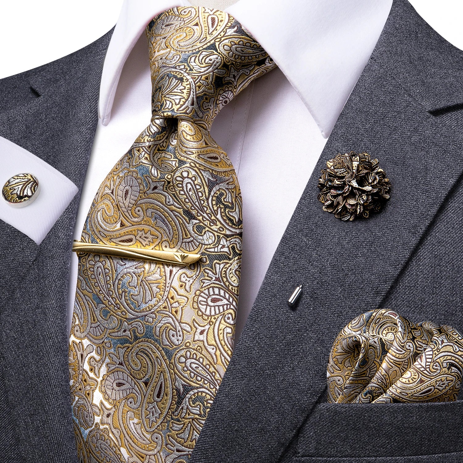 Gravata Masculina Poliéster de Luxo Floral Paisley com Acessórios