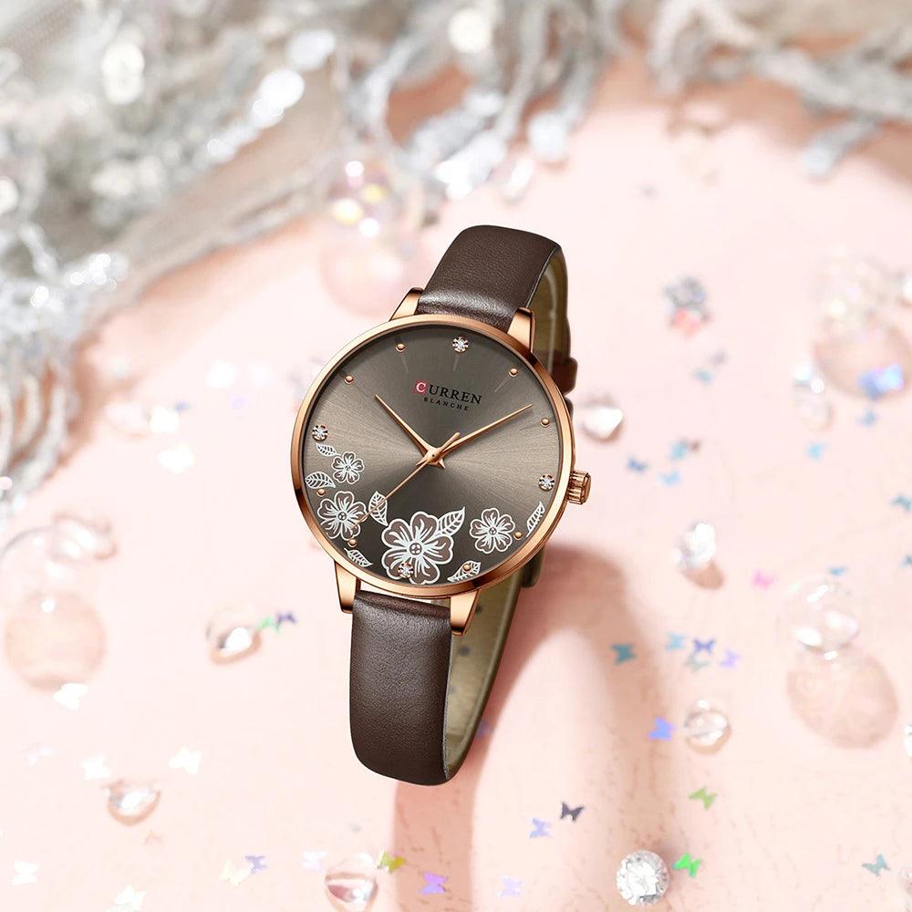 Curren relógios para a mulher moda à prova dwaterproof água relógio de topo marca luxo criativo romântico flor dial relógio pulso presente 9068
