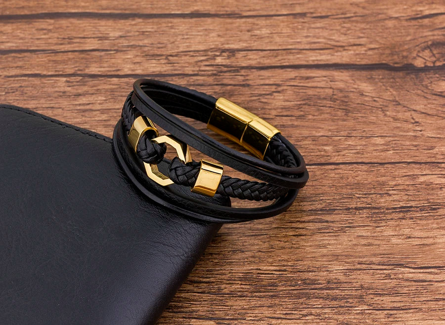 Pulseira Masculina de Couro com Fecho Magnético