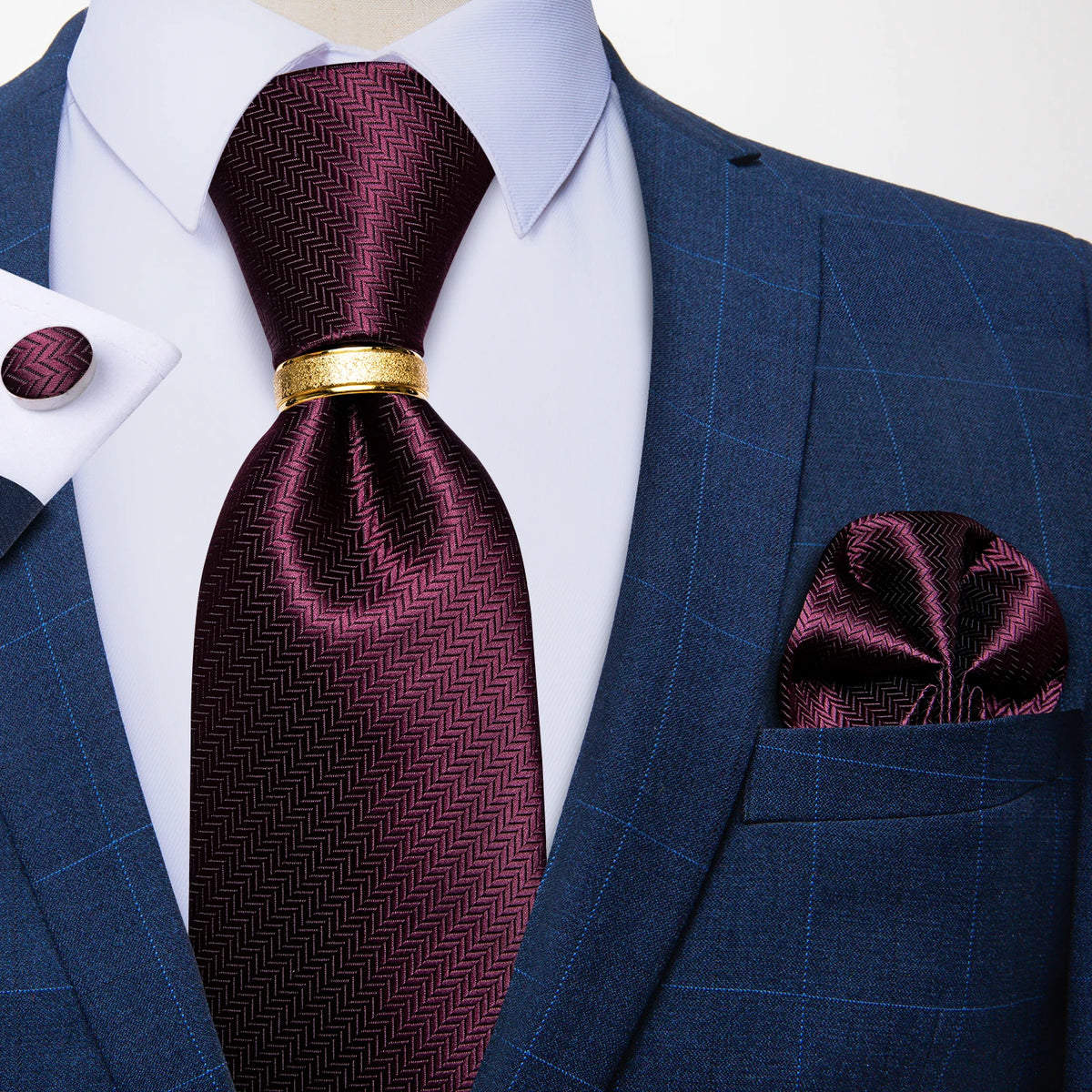 Gravata Masculina de Luxo com Lenço de Bolso, Abotoaduras e Anel
