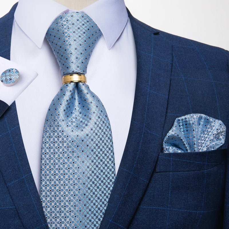 Gravata Masculina de Luxo com Lenço de Bolso, Abotoaduras e Anel