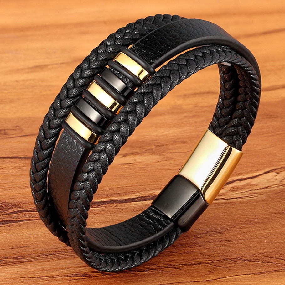Pulseira Masculina de Couro Trançada Multicamadas