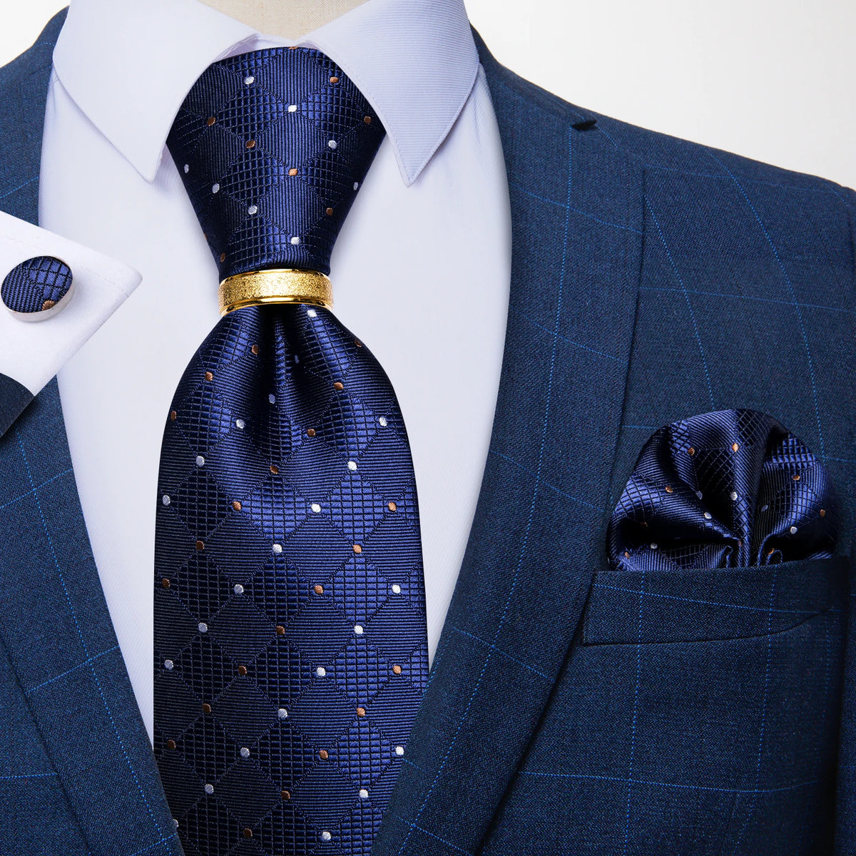 Gravata Masculina de Luxo com Lenço de Bolso, Abotoaduras e Anel