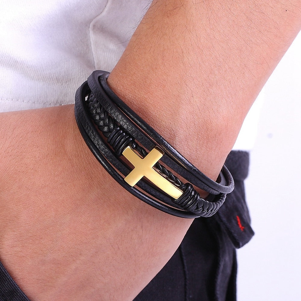 Pulseira Masculina de Couro Cruz da Fé