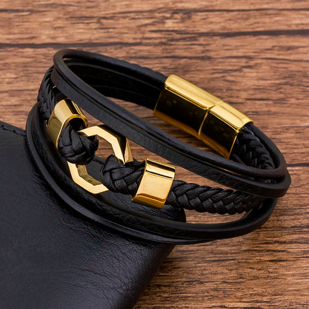 Pulseira Masculina de Couro com Fecho Magnético