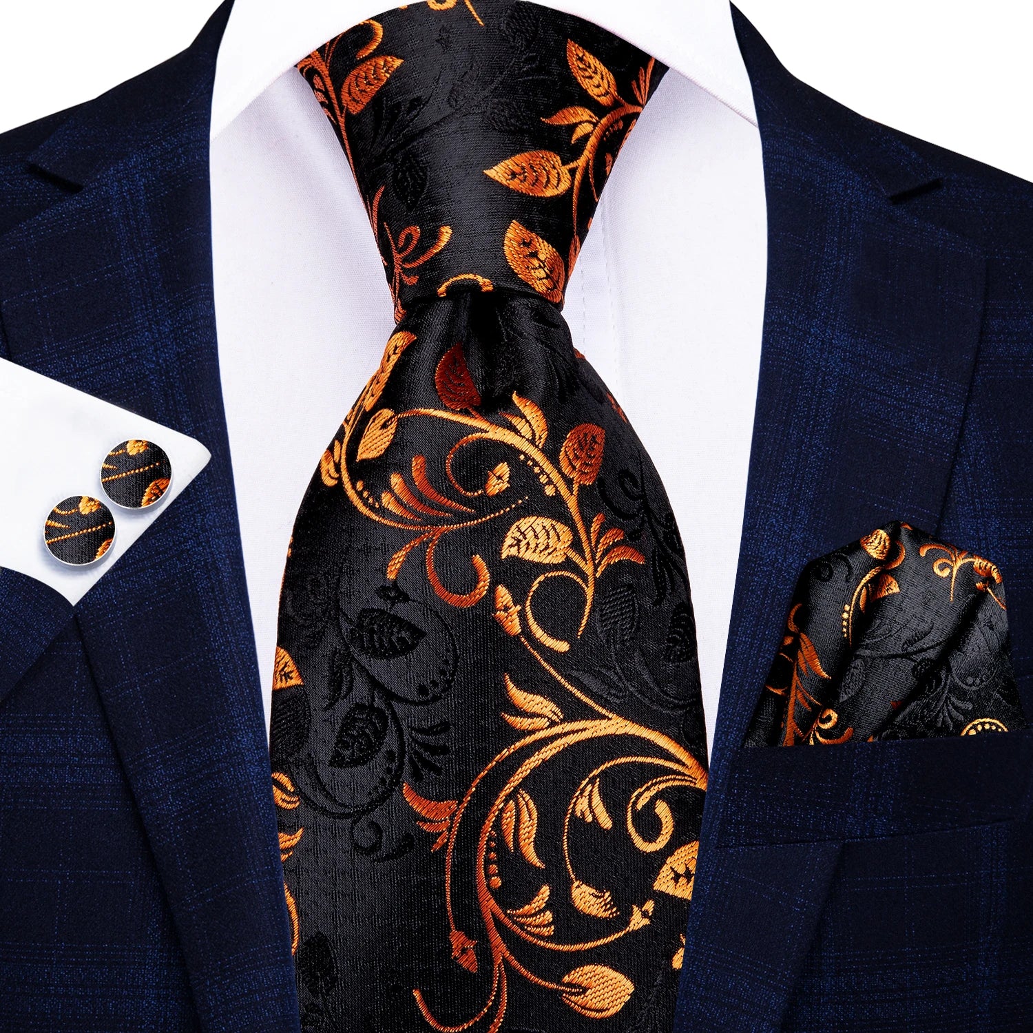 Kit Gravata Masculina Social Luxuosa de Seda com Lenço e Abotoaduras