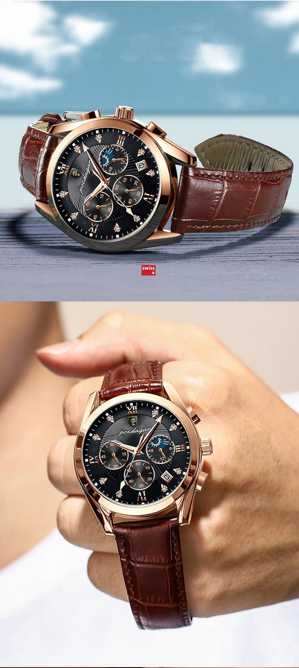 Relógio Masculino de Luxo Pulseira de Couro by Loja Bruna Modas