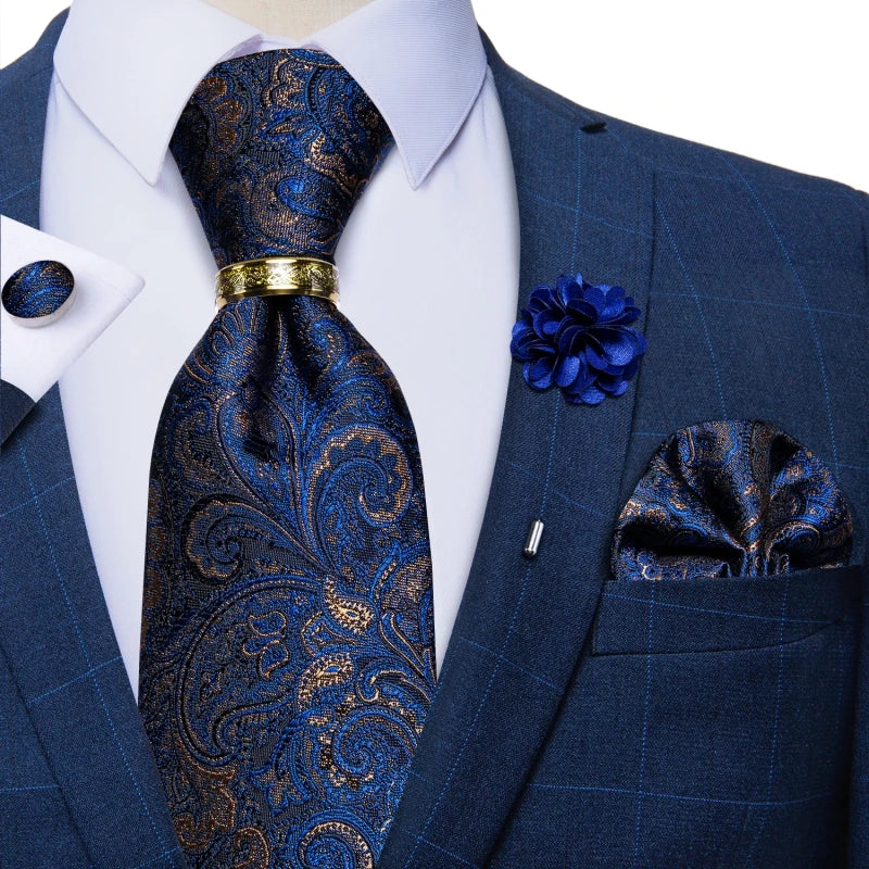 Gravata Masculina de Luxo Azul Floral com Estampa Paisley