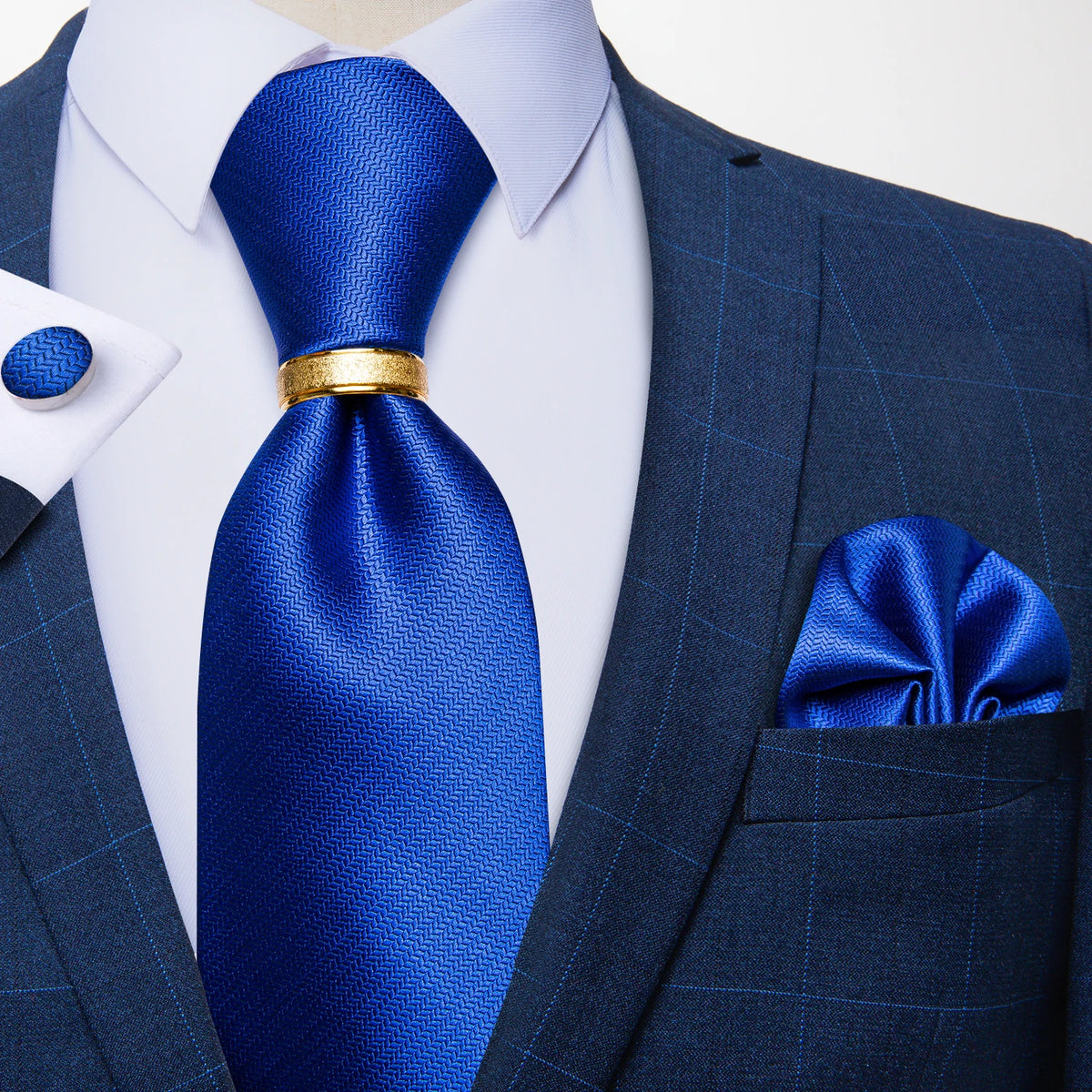 Gravata Masculina de Luxo com Lenço de Bolso, Abotoaduras e Anel