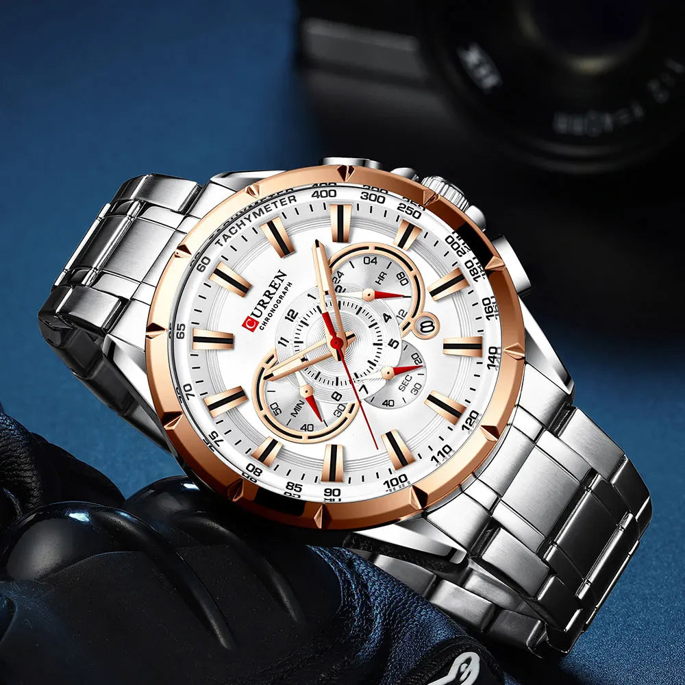 Relógio Masculino Clássico Cronógrafo com Pulseira de Aço