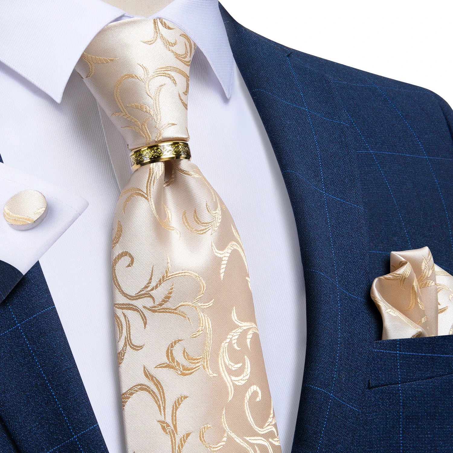 Gravata Masculina de Luxo Bege Floral com Acessórios