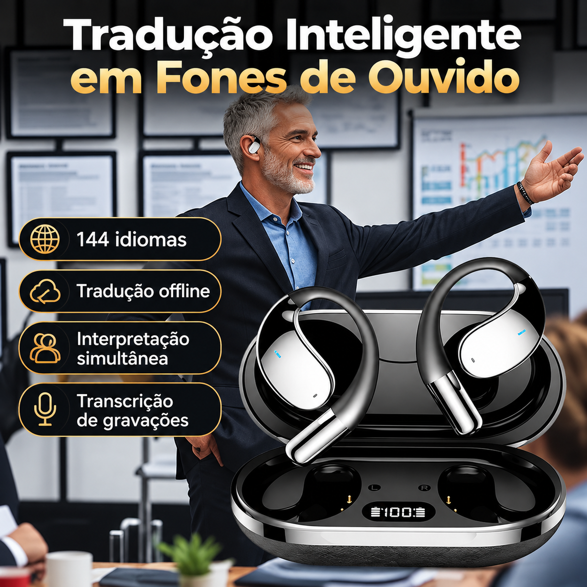 Fone de Ouvido Sem Fio Tradutor Open Ear LinguaFlow