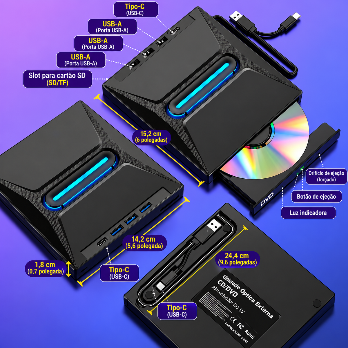 Leitor Externo de CD e DVD Archivora