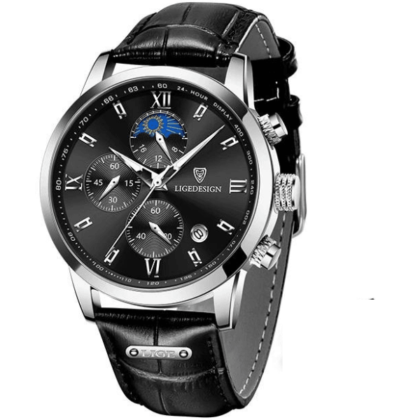 Relógio Masculino Clássico com Pulseira de Couro Fase da Lua