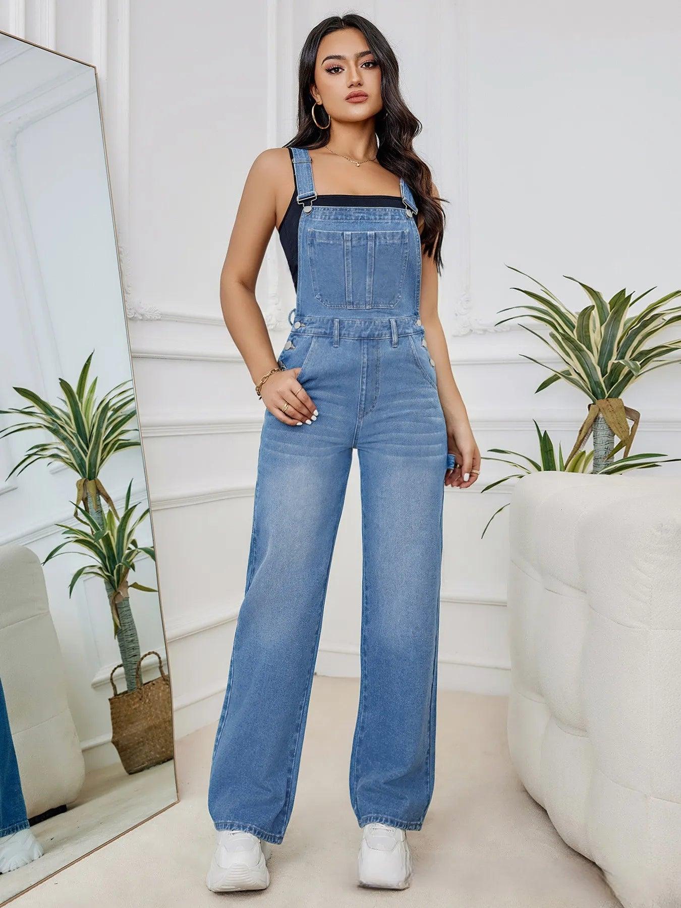 Macacão Feminino Jeans Estilo Urbano com Bolsos