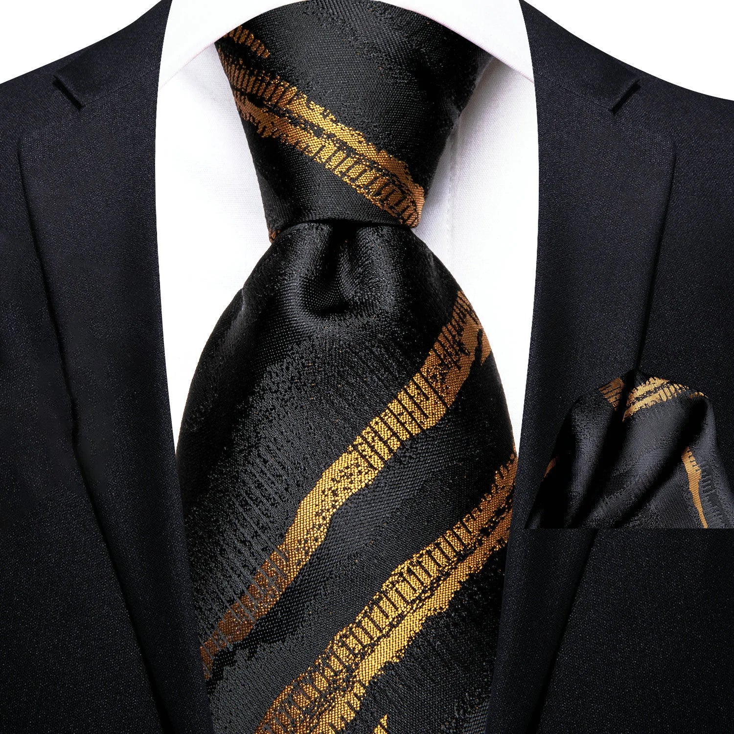 Gravata Masculina de Poliéster Preto Listrado com Lenço de Bolso