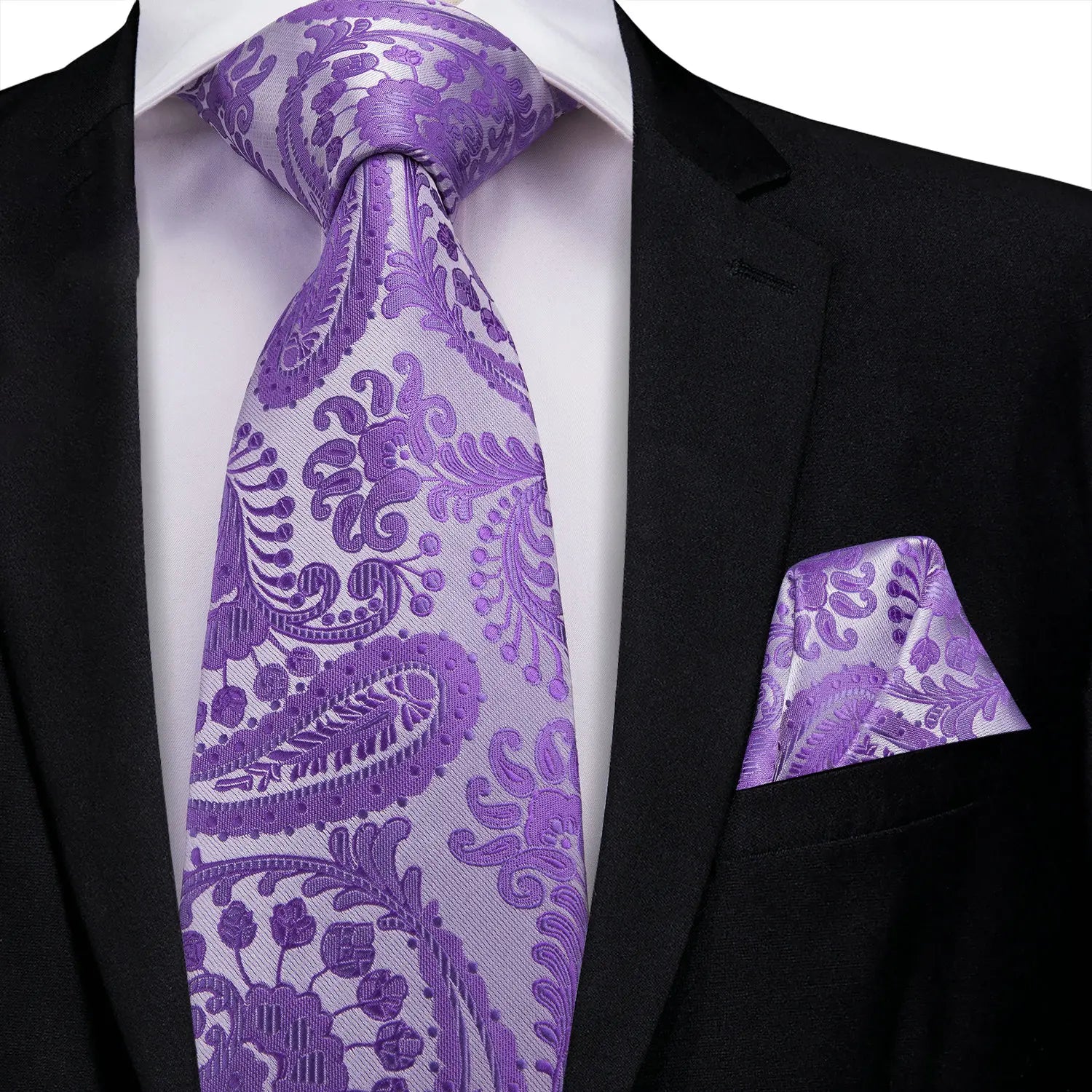 Gravata Masculina Roxo Floral com Lenço de Bolso