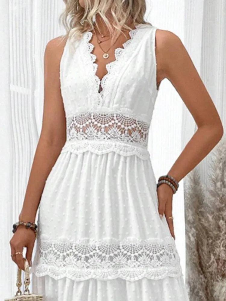 Vestido Longo Feminino de Renda Decote em V